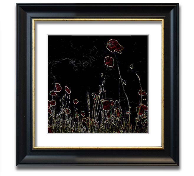 Vibrant square framed print featuring abstract neon floral design, handmade in the UK.