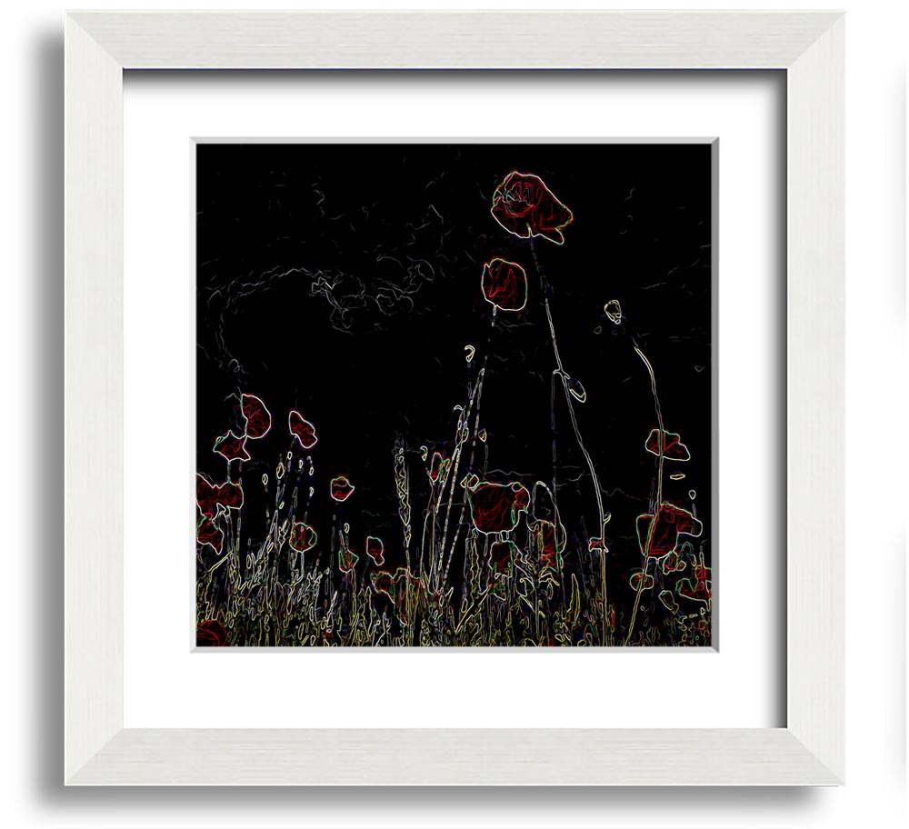 Vibrant square framed print featuring abstract neon floral design, handmade in the UK.