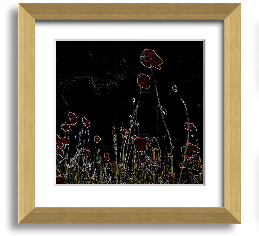 Vibrant square framed print featuring abstract neon floral design, handmade in the UK.