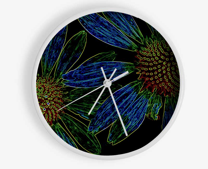 Abstract Neon Floral 18 clock made from natural bamboo with vibrant floral design and clear Plexiglas lens.