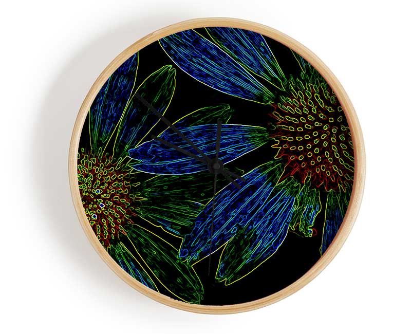 Abstract Neon Floral 18 clock made from natural bamboo with vibrant floral design and clear Plexiglas lens.