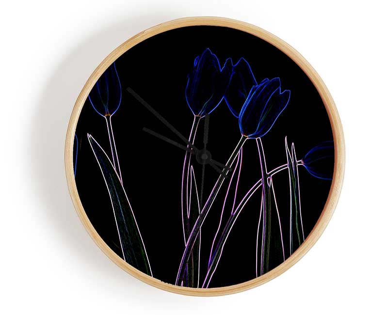 Abstract Neon Floral 23 clock made from natural bamboo with vibrant floral design and clear Plexiglas lens.