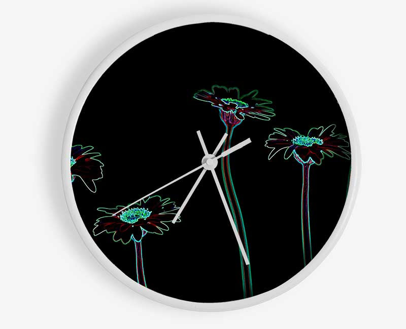 Abstract Neon Floral 29 clock made from natural bamboo with vibrant floral design and clear Plexiglas lens.