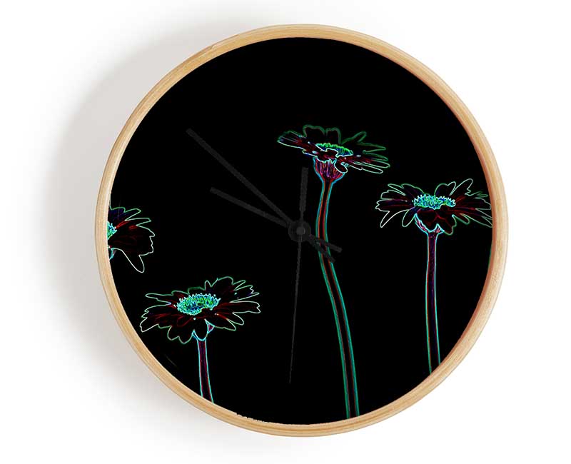 Abstract Neon Floral 29 clock made from natural bamboo with vibrant floral design and clear Plexiglas lens.