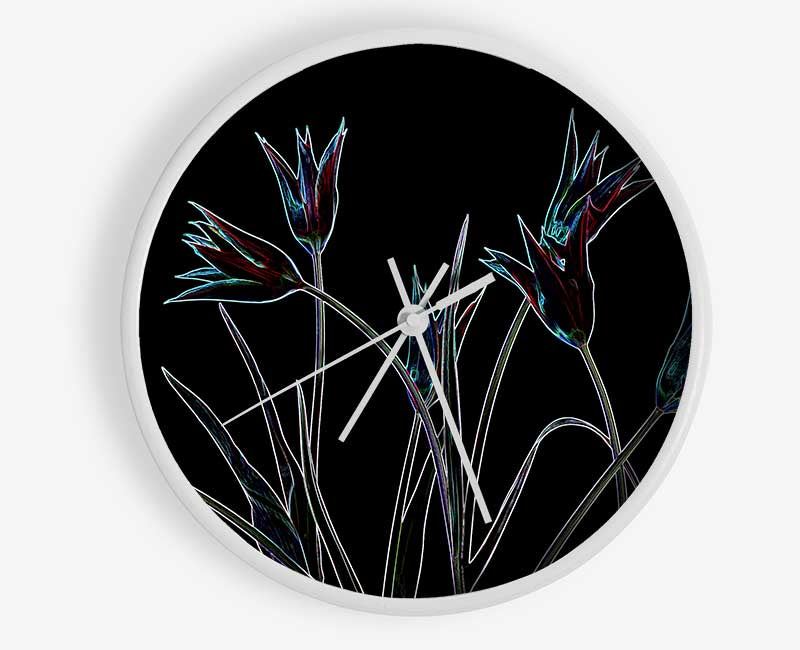 Abstract Neon Floral 31 clock made from natural bamboo with vibrant floral design and clear Plexiglas lens.