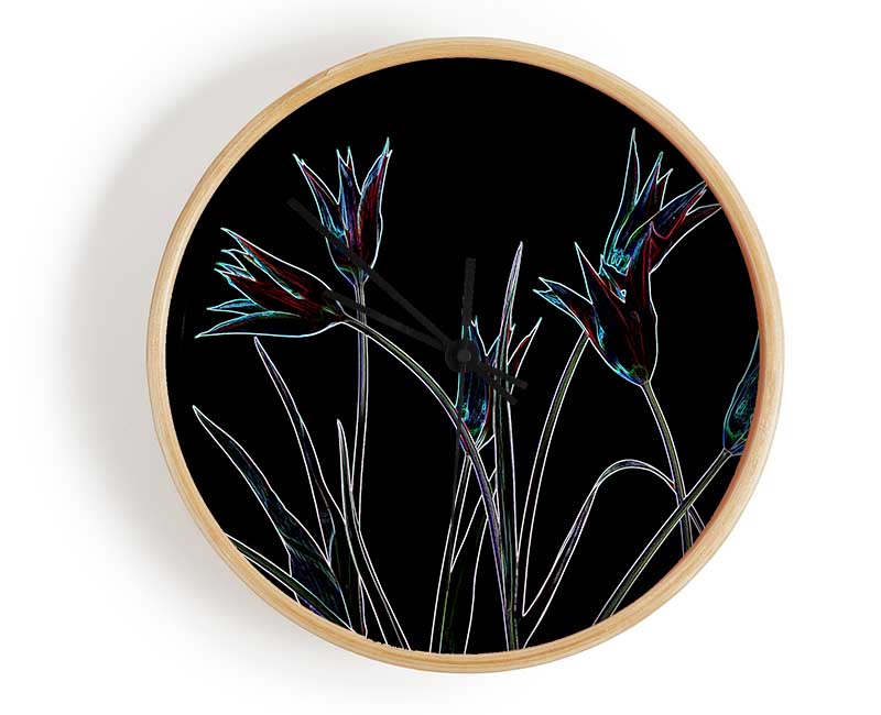 Abstract Neon Floral 31 clock made from natural bamboo with vibrant floral design and clear Plexiglas lens.