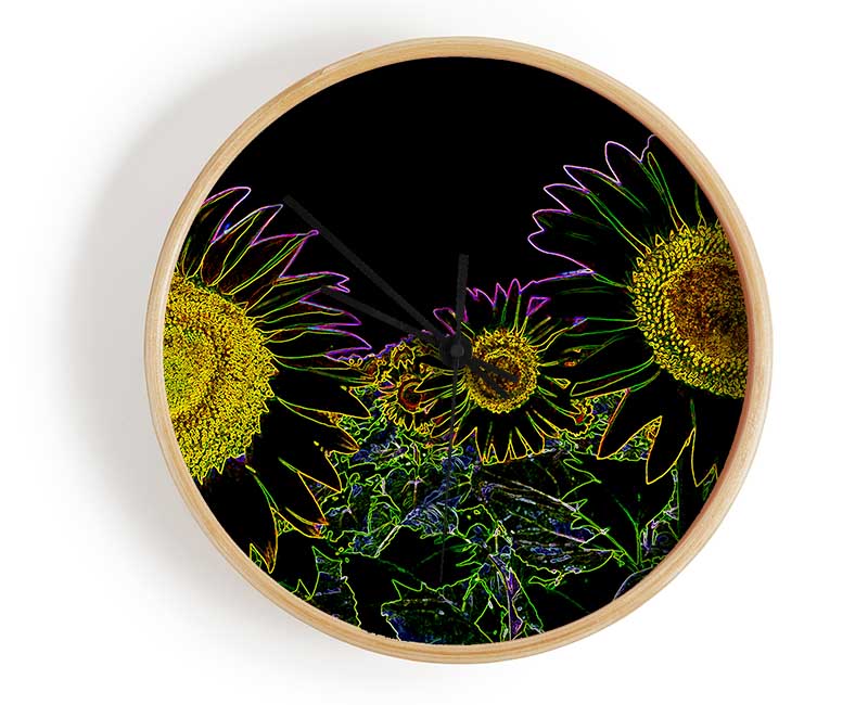 Abstract Neon Floral 36 clock made from natural bamboo with vibrant floral design and clear Plexiglas lens.