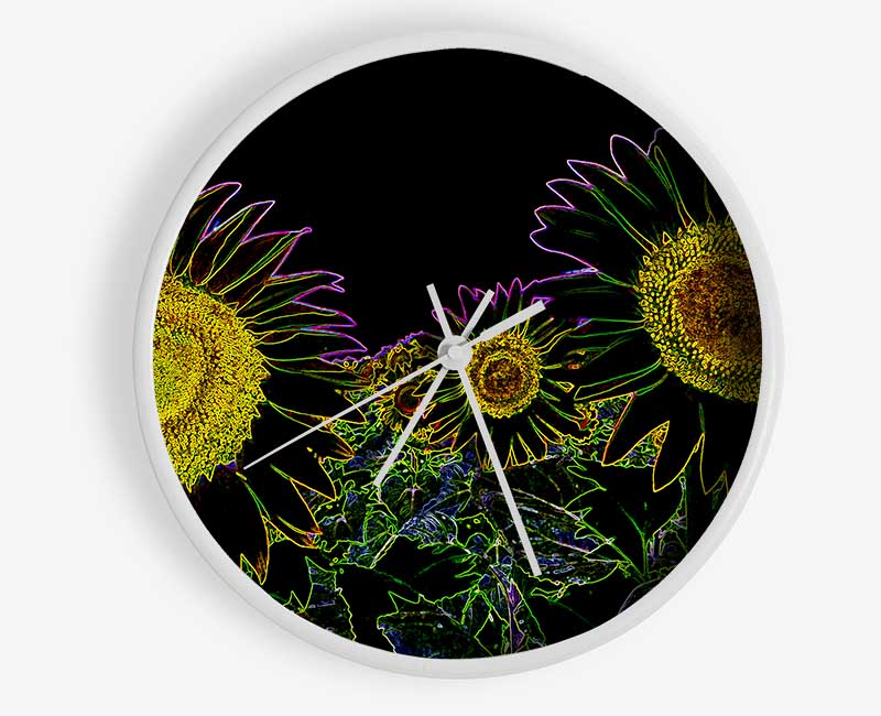 Abstract Neon Floral 36 clock made from natural bamboo with vibrant floral design and clear Plexiglas lens.