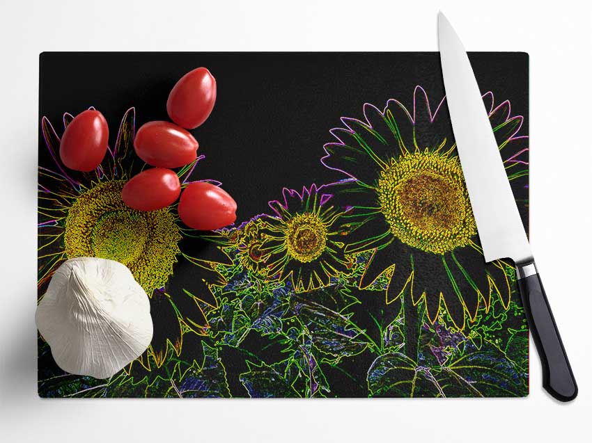 Abstract Neon Floral 36 chopping board made of tempered glass with vibrant floral design and anti-slip feet.