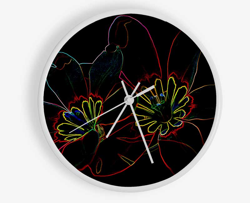 Abstract Neon Floral 38 clock made from natural bamboo with vibrant floral design and clear Plexiglas lens.