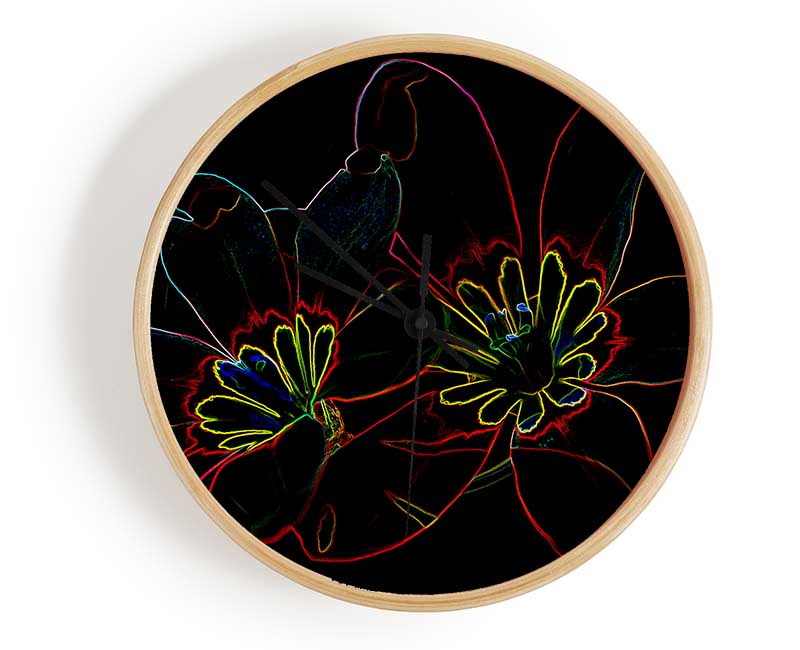 Abstract Neon Floral 38 clock made from natural bamboo with vibrant floral design and clear Plexiglas lens.