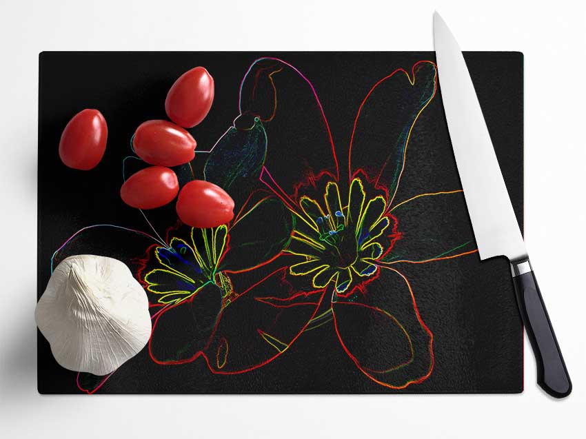 Abstarct Neon Floral 38 chopping board made of tempered glass with vibrant floral design and anti-slip feet.