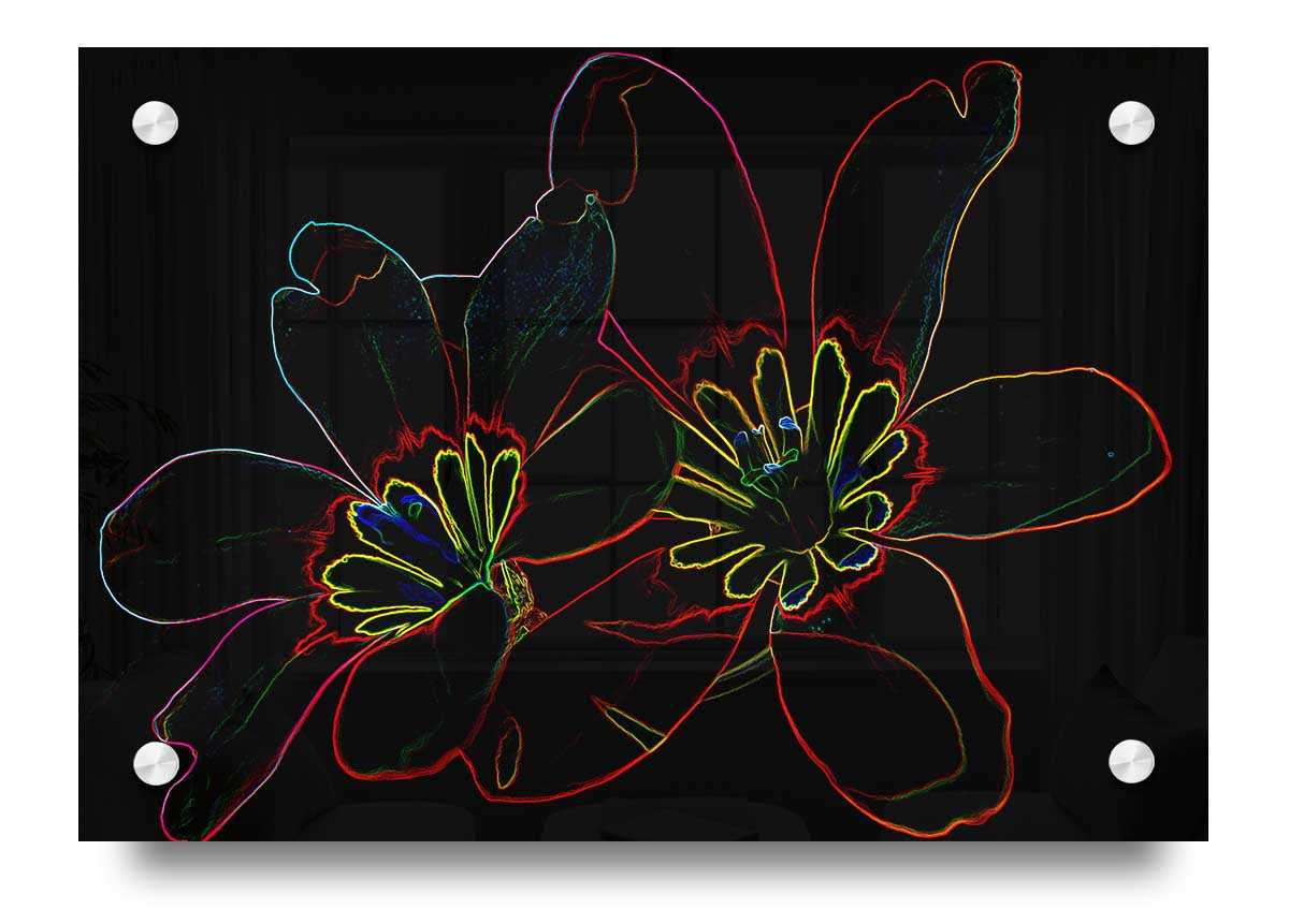 Abstarct Neon Floral 38 acrylic print featuring vibrant neon colors on 5mm thick acrylic glass, ready to hang.