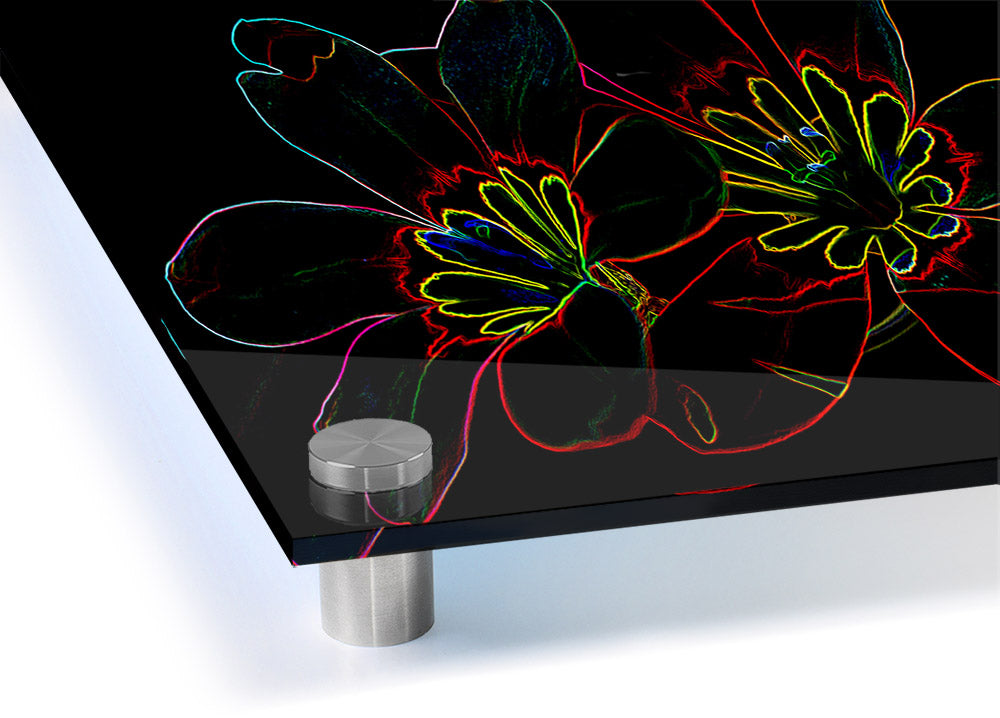 Abstarct Neon Floral 38 acrylic print featuring vibrant neon colors on 5mm thick acrylic glass, ready to hang.