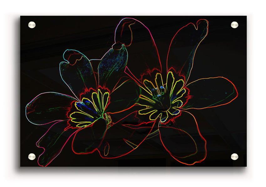 Abstarct Neon Floral 38 acrylic print featuring vibrant neon colors on 5mm thick acrylic glass, ready to hang.