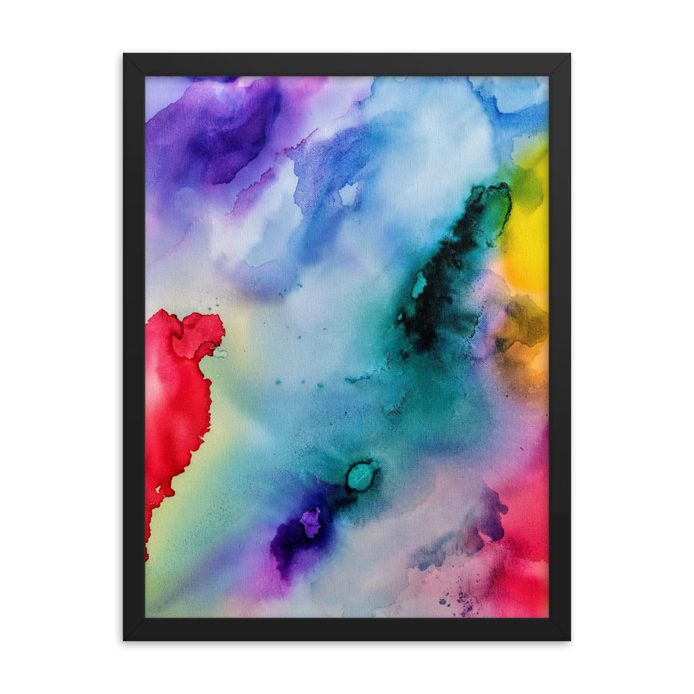 Abstract Art Framed Poster featuring a colorful design in a matte black wooden frame, suitable for modern home decor.