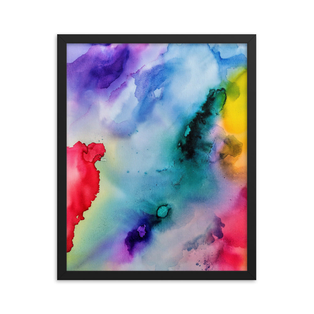 Abstract Art Framed Poster featuring a colorful design in a matte black wooden frame, suitable for modern home decor.