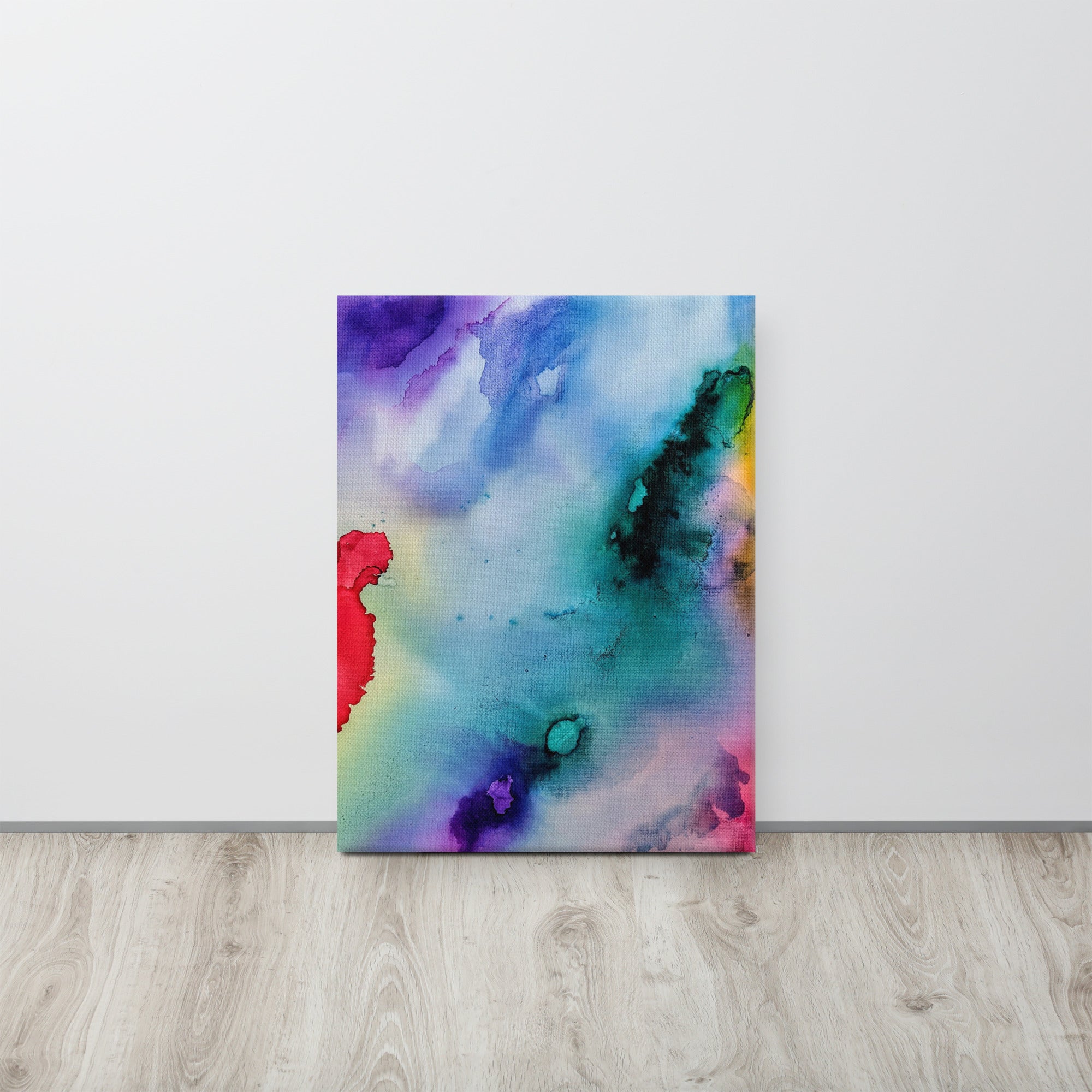 A vibrant abstract canvas print showcasing vivid colors and intricate patterns, hand-stretched over solid wood for a professional finish.