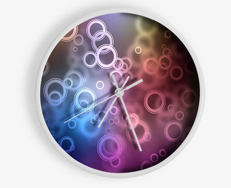 Abstract Circle Art clock made from natural bamboo with a round face and clear Plexiglas lens, available in black, white, and natural frame colors.