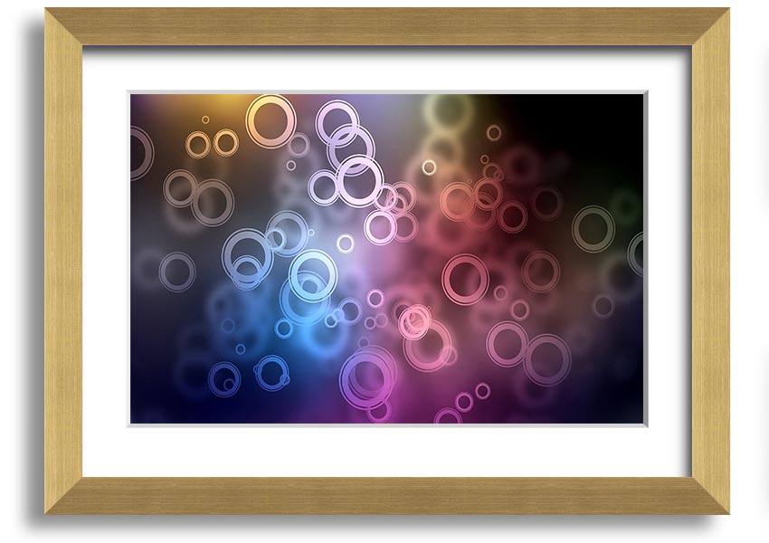 Framed Abstract Circle Art print featuring vibrant colors and unique circular designs, ready to hang.