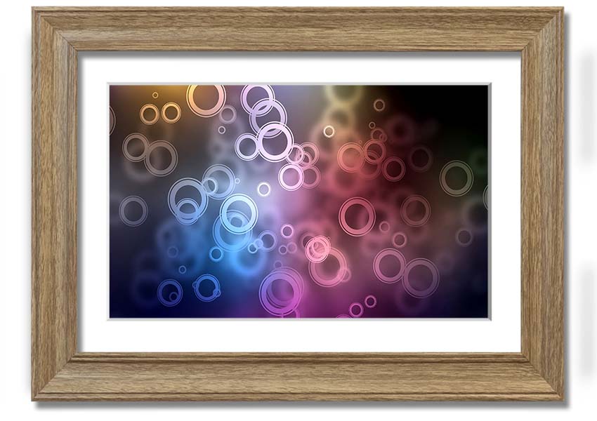 Framed Abstract Circle Art print featuring vibrant colors and unique circular designs, ready to hang.