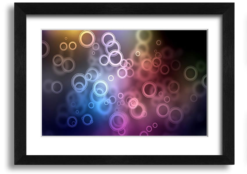 Framed Abstract Circle Art print featuring vibrant colors and unique circular designs, ready to hang.