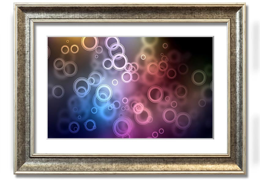 Framed Abstract Circle Art print featuring vibrant colors and unique circular designs, ready to hang.