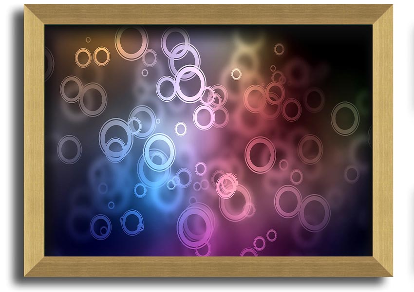 Framed Abstract Circle Art print featuring vibrant colors and unique circular designs, ready to hang.