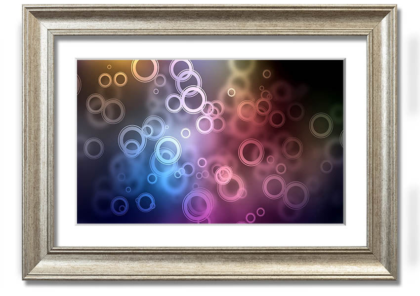 Framed Abstract Circle Art print featuring vibrant colors and unique circular designs, ready to hang.