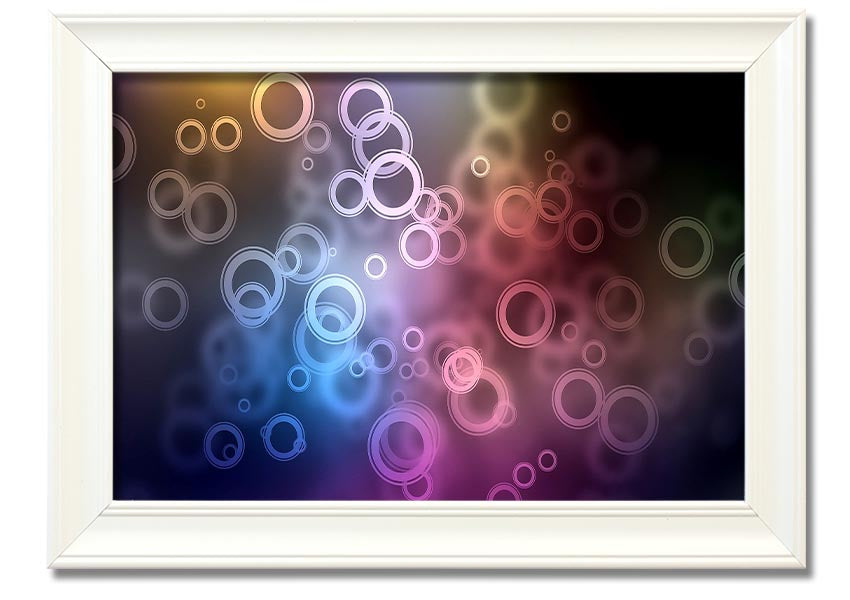 Framed Abstract Circle Art print featuring vibrant colors and unique circular designs, ready to hang.