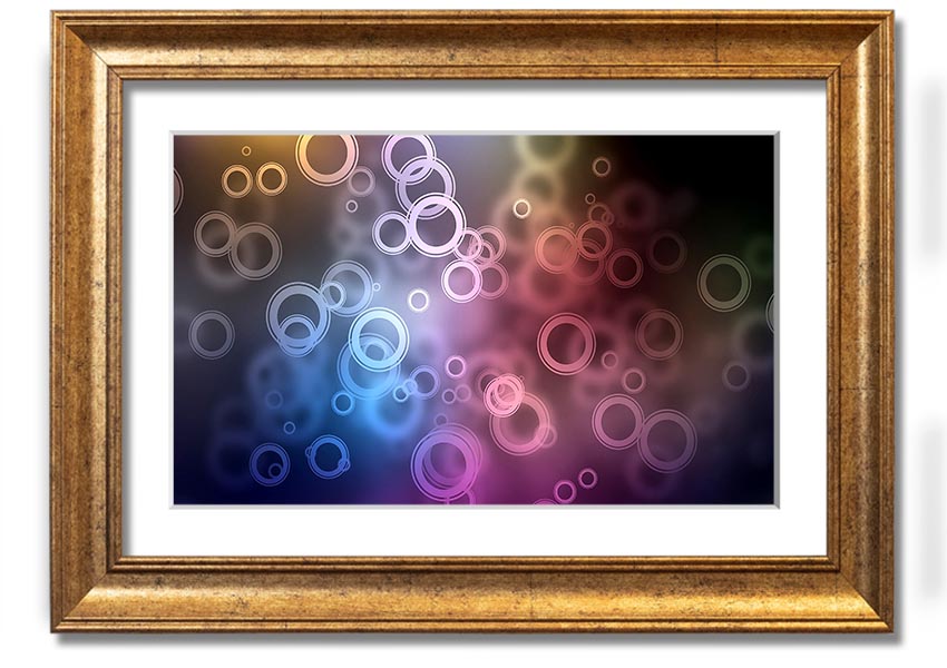 Framed Abstract Circle Art print featuring vibrant colors and unique circular designs, ready to hang.