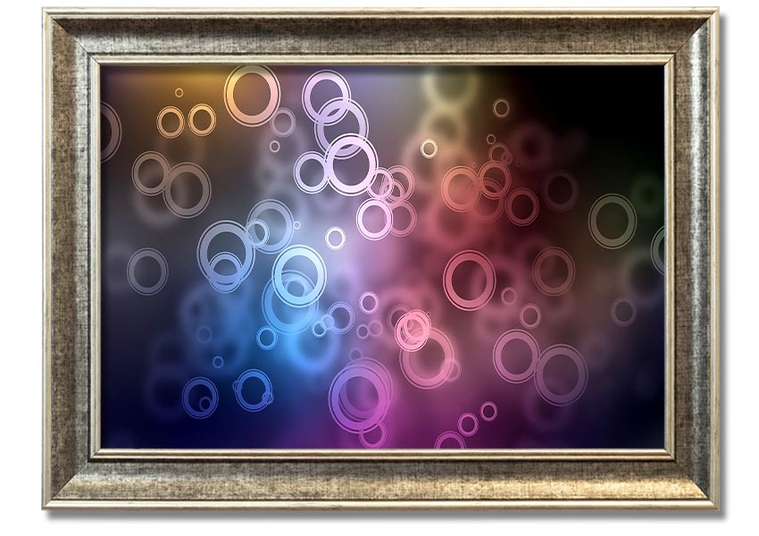 Framed Abstract Circle Art print featuring vibrant colors and unique circular designs, ready to hang.