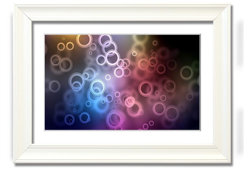 Framed Abstract Circle Art print featuring vibrant colors and unique circular designs, ready to hang.