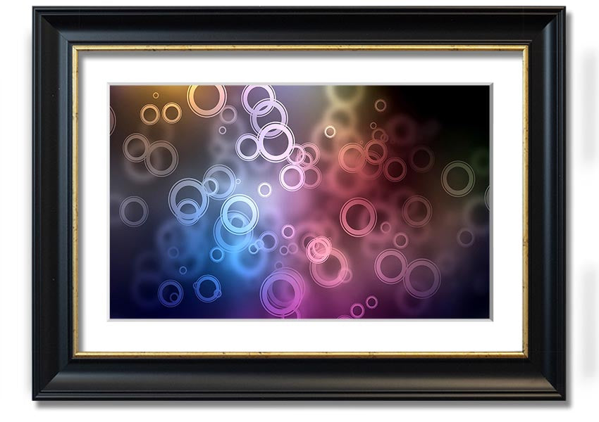 Framed Abstract Circle Art print featuring vibrant colors and unique circular designs, ready to hang.