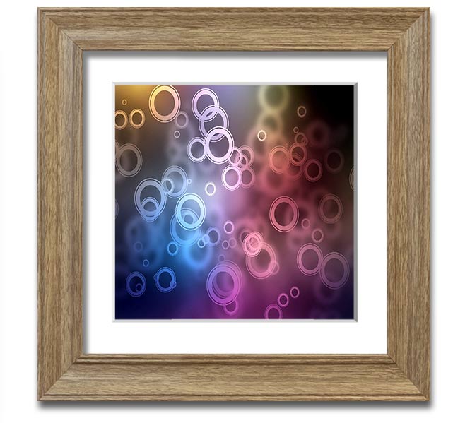 A beautifully framed Abstract Circle Art print featuring vibrant colors and unique circular patterns, ready to hang.