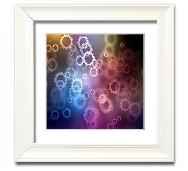 A beautifully framed Abstract Circle Art print featuring vibrant colors and unique circular patterns, ready to hang.