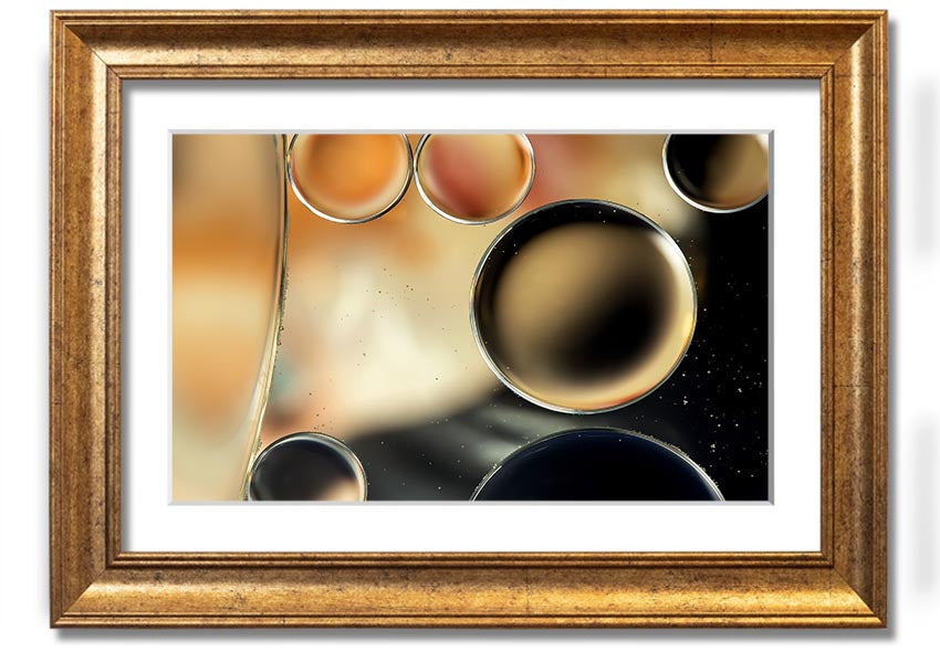 A beautifully framed print of abstract circles and droplets, showcasing vibrant colors and intricate designs, ready to hang on a wall.