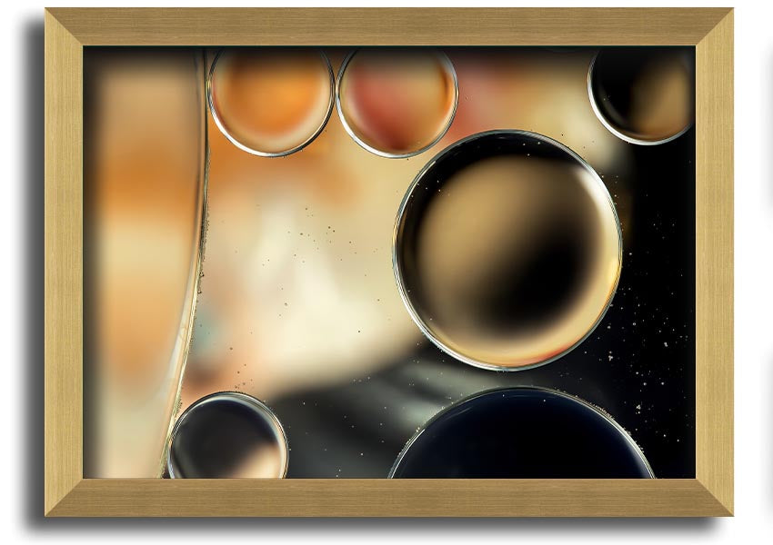 A beautifully framed print of abstract circles and droplets, showcasing vibrant colors and intricate designs, ready to hang on a wall.