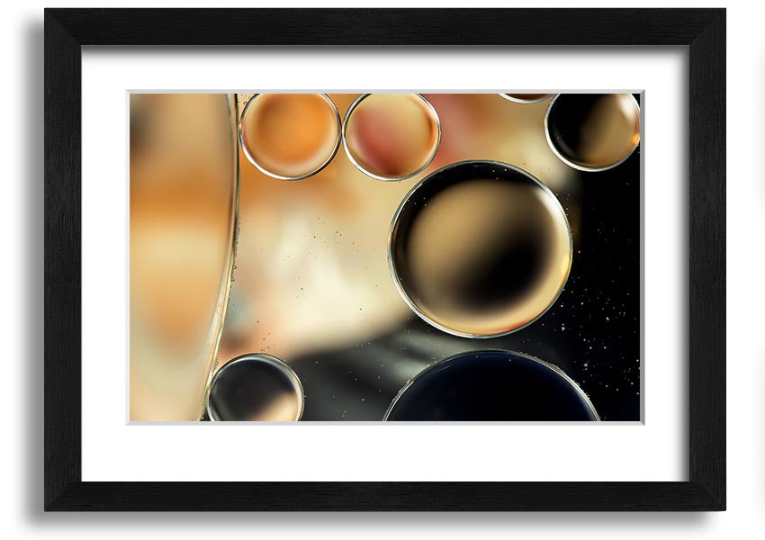 A beautifully framed print of abstract circles and droplets, showcasing vibrant colors and intricate designs, ready to hang on a wall.