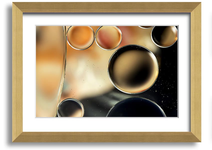 A beautifully framed print of abstract circles and droplets, showcasing vibrant colors and intricate designs, ready to hang on a wall.