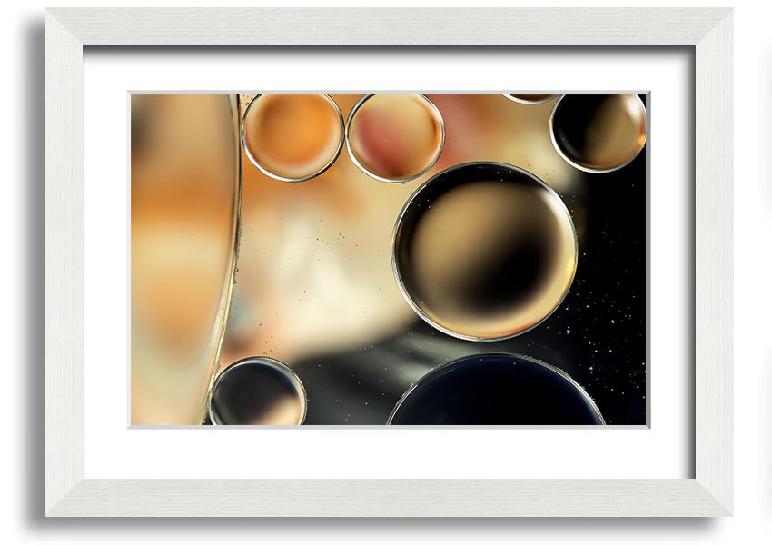 A beautifully framed print of abstract circles and droplets, showcasing vibrant colors and intricate designs, ready to hang on a wall.