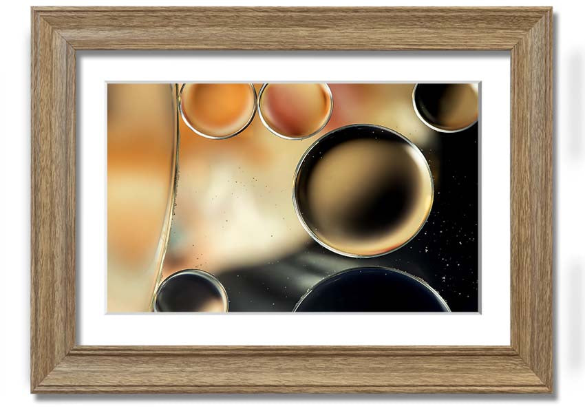 A beautifully framed print of abstract circles and droplets, showcasing vibrant colors and intricate designs, ready to hang on a wall.