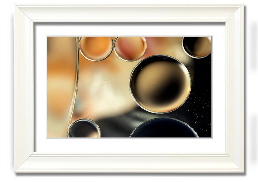 A beautifully framed print of abstract circles and droplets, showcasing vibrant colors and intricate designs, ready to hang on a wall.