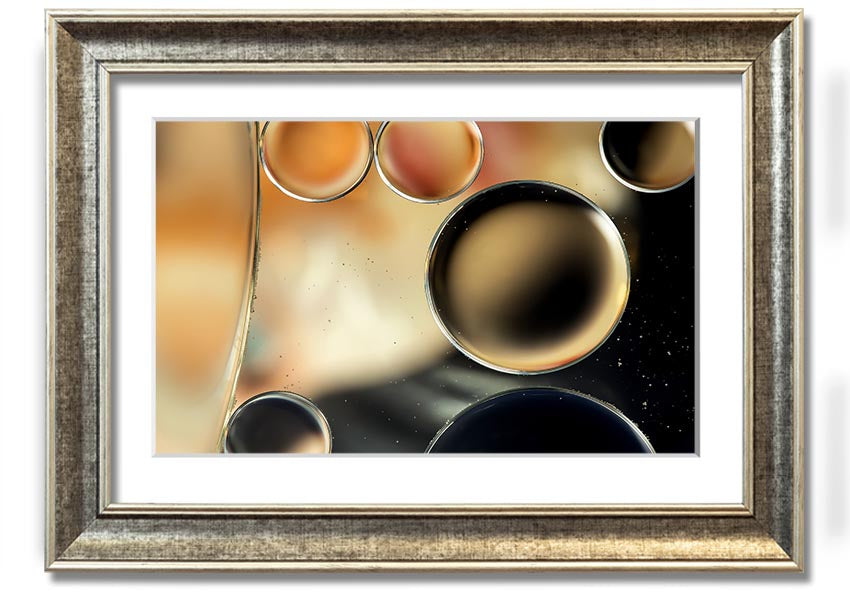 A beautifully framed print of abstract circles and droplets, showcasing vibrant colors and intricate designs, ready to hang on a wall.