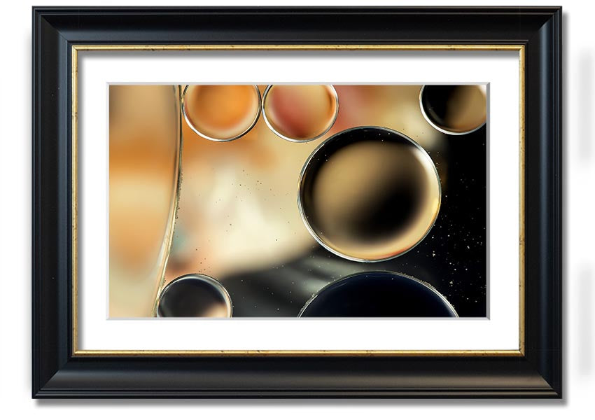 A beautifully framed print of abstract circles and droplets, showcasing vibrant colors and intricate designs, ready to hang on a wall.