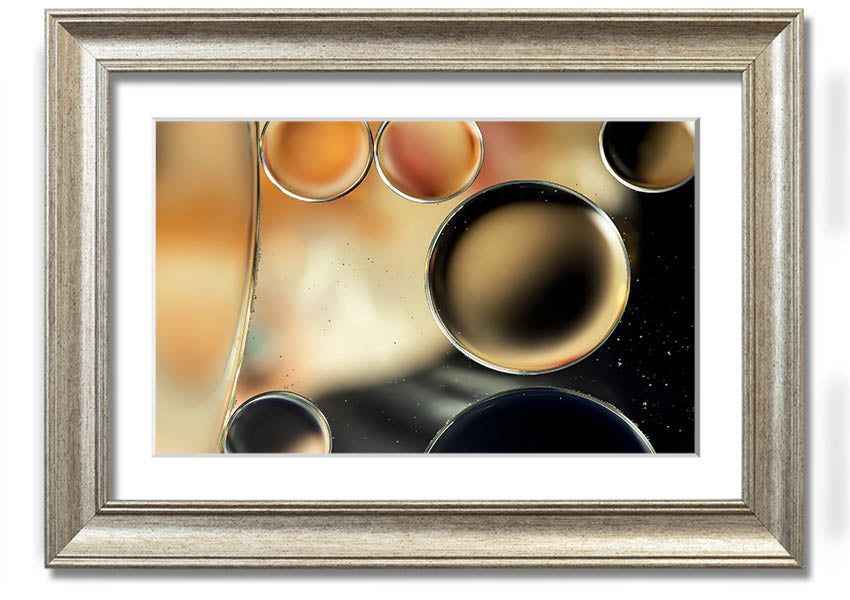 A beautifully framed print of abstract circles and droplets, showcasing vibrant colors and intricate designs, ready to hang on a wall.