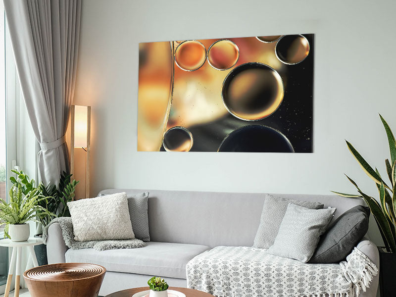 Abstract Circles Droplets artwork printed on brushed aluminium dibond, featuring vibrant colors and modern design.