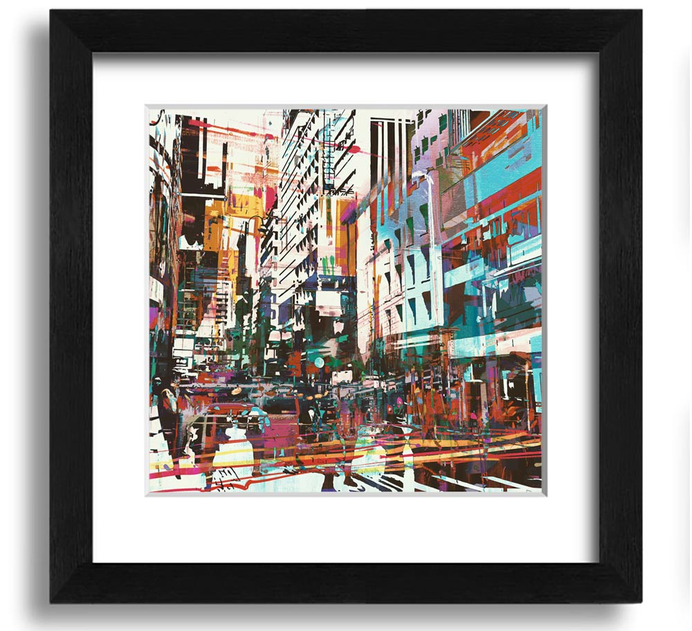 A beautifully framed abstract city art print showcasing vibrant colors and modern design, ready to hang.