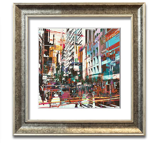 A beautifully framed abstract city art print showcasing vibrant colors and modern design, ready to hang.