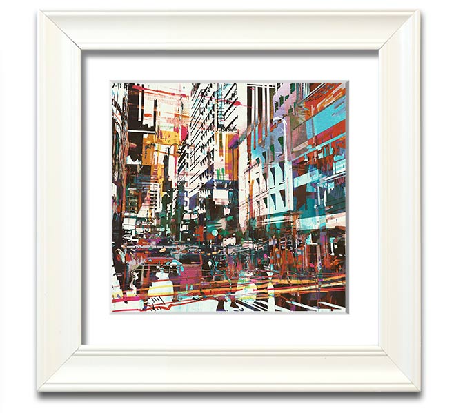 A beautifully framed abstract city art print showcasing vibrant colors and modern design, ready to hang.